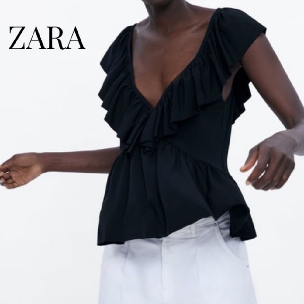 Zara Ruffled Deep V Neck Tank Top - Picture 1 of 14